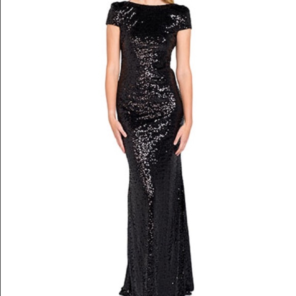 Badgley Mischka black sequin cowl back gown dress - Picture 2 of 9